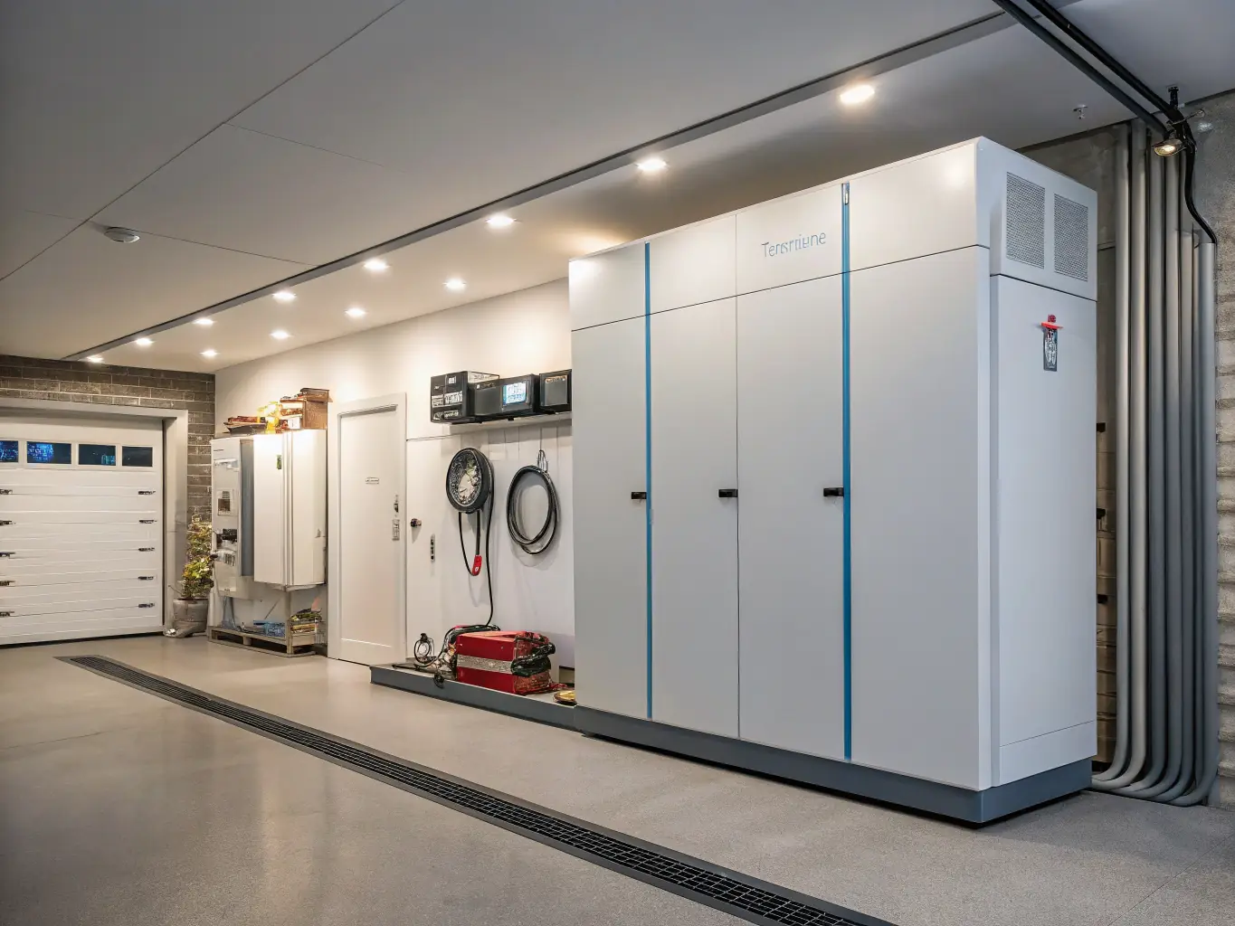 A close-up shot of a Tesla Powerwall and Sonnen battery setup in a modern home, emphasizing the advanced technology and reliability of these energy storage solutions.