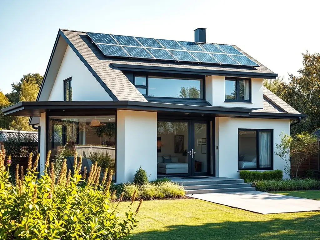 A modern home with solar panels installed on the roof, showcasing a clean and efficient energy solution. The Tesla Powerwall is subtly visible in the background, indicating energy storage capabilities.