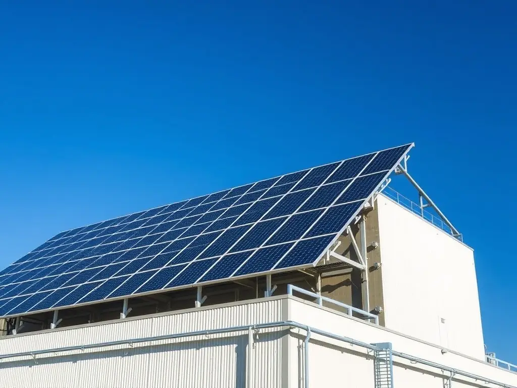 An industrial building with a large array of solar panels on the roof, emphasizing the scale and efficiency of industrial photovoltaic systems. Sonnen batteries are featured, highlighting advanced energy storage.